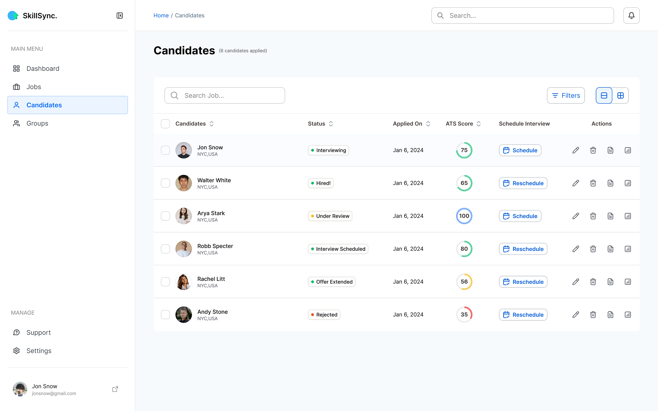 Jobs Table Expanded View