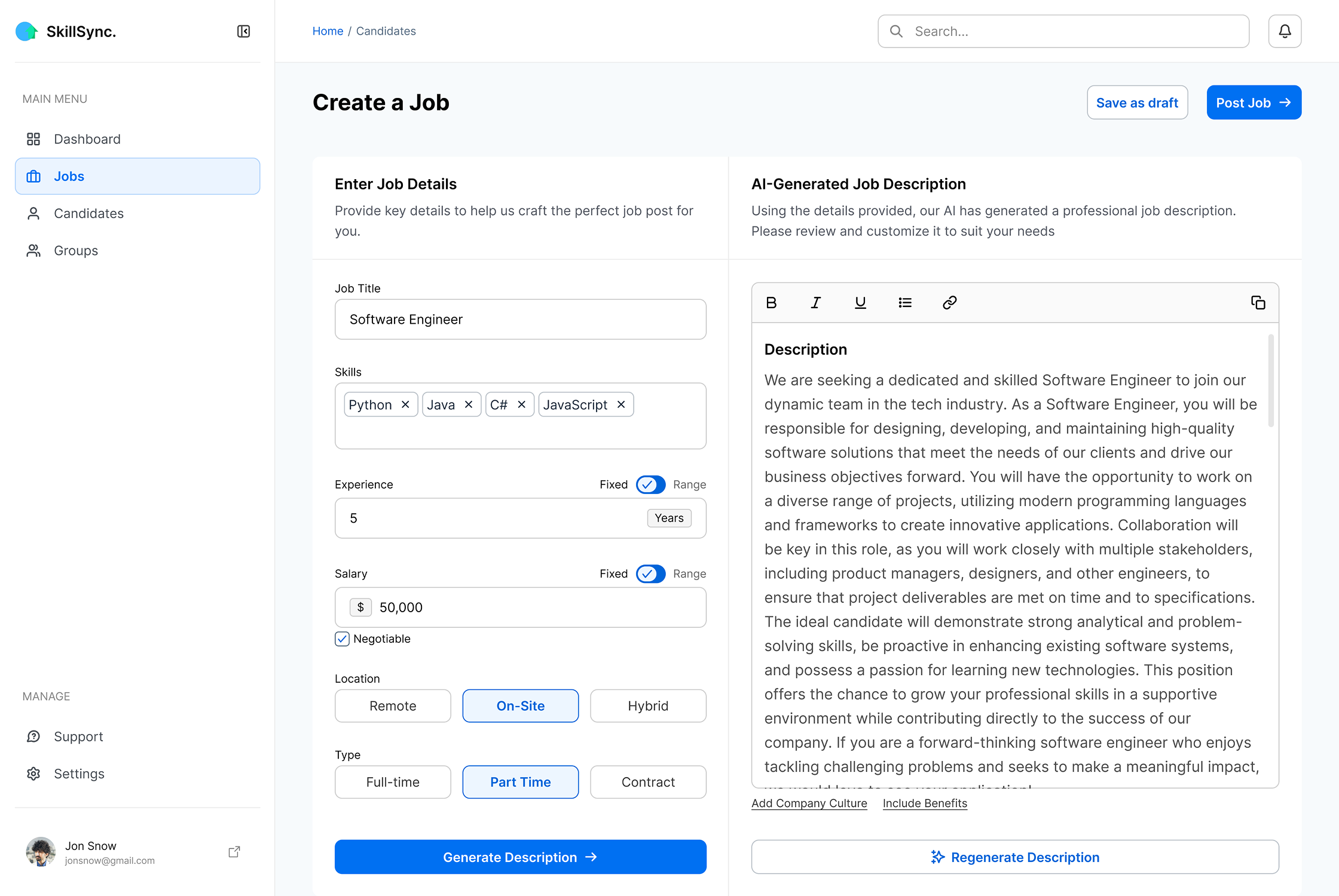 Create Job Interface
